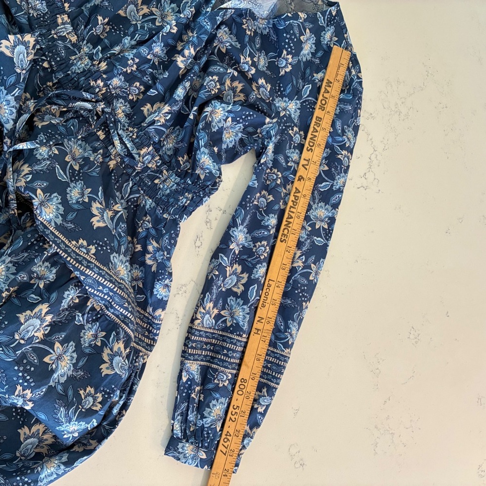 LOFT Dress Wom M Blue Floral Tiered Maxi VNeck Long Sleeve Smocked Waist Cottage - Picture 8 of 11